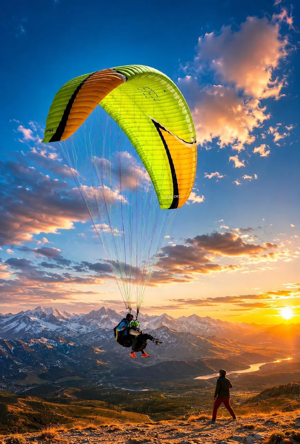 Paraglider above a mountain and lake landscape